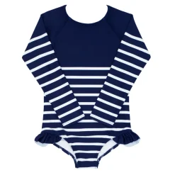Girls Navy Breton Stripe Rashguard One Piece