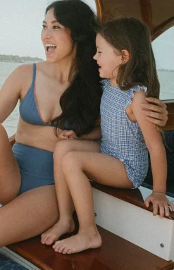 Girl’s Newport Navy Gingham Cap Sleeve Rashguard One Piece