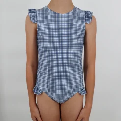Girl’s Newport Navy Gingham Cap Sleeve Rashguard One Piece
