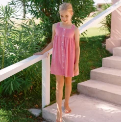 Girls Pink Sands French Terry Square Neck Button Up Dress