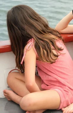 Girl’s Poppy Red French Terry Romper with Tie Straps