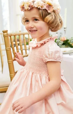 Girls Silk Hand Smocked Celebration Dress in Pink