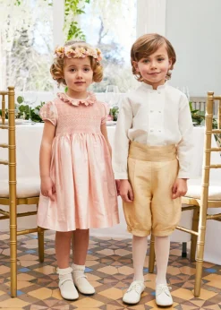 Girls Silk Hand Smocked Celebration Dress in Pink