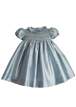 Girls Silk Hand Smocked Celebration Dress in Blue