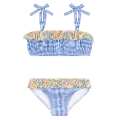 Girls Sky Blue Gingham Bandeau Tie Strap Bikini