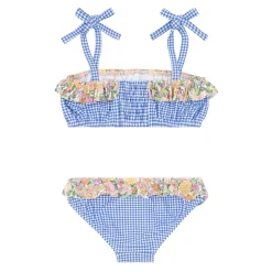 Girls Sky Blue Gingham Bandeau Tie Strap Bikini