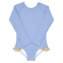 Girls Sky Blue Gingham Rashguard One Piece