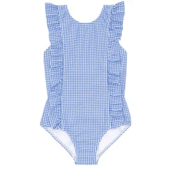 Girls Sky Blue Gingham Ruffle One Piece