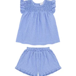 Girls Sky Blue Gingham Smocked Top And Short Set