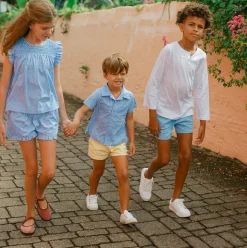 Girls Sky Blue Gingham Smocked Top And Short Set