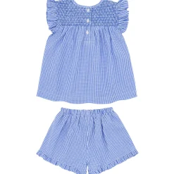 Girls Sky Blue Gingham Smocked Top And Short Set