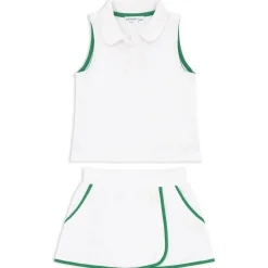 Girls White French Terry Tennis Tank Top And Skort Set With Bermuda Green Trim