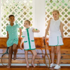 Girls White French Terry Tennis Tank Top And Skort Set With Bermuda Green Trim