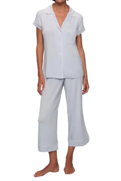 Gisele Short Sleeve Crop PJ Set in Ice Blue/Ivory