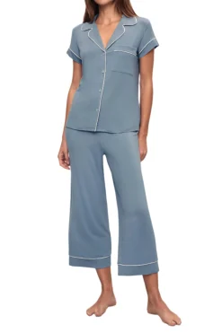 Gisele Short Sleeve Crop PJ Set in Faded Denim/Ivory