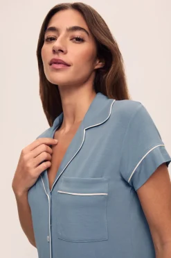 Gisele Short Sleeve Crop PJ Set in Faded Denim/Ivory