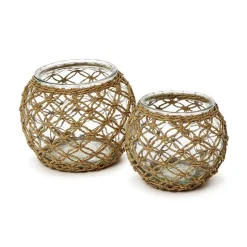 Glass Candle Holder with Hand-Woven Paper Wrap Lattice, Set of 2