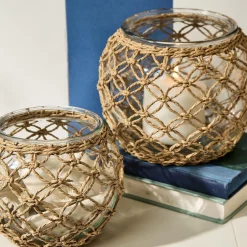 Glass Candle Holder with Hand-Woven Paper Wrap Lattice, Set of 2