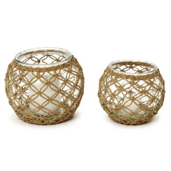 Glass Candle Holder with Hand-Woven Paper Wrap Lattice, Set of 2
