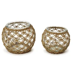Glass Candle Holder with Hand-Woven Paper Wrap Lattice, Set of 2