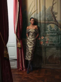 Gloria Metallic Jacquard Off-The-Shoulder Dress