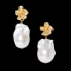 Gold Hibiscus Pearl Drop Earrings