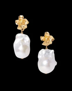 Gold Hibiscus Pearl Drop Earrings
