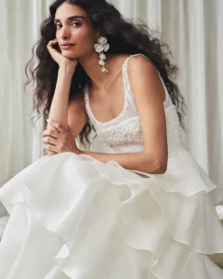 Grayal Gown in Ivory Satin Face Organza with Crystal Floral Embellishment