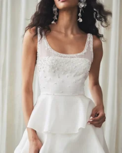 Grayal Gown in Ivory Satin Face Organza with Crystal Floral Embellishment