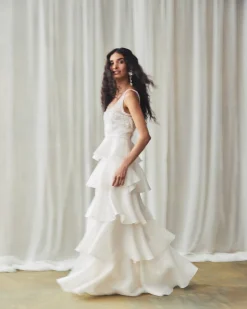 Grayal Gown in Ivory Satin Face Organza with Crystal Floral Embellishment