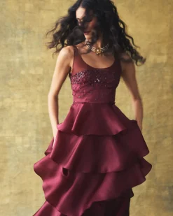 Grayal Gown in Plum Satin Face Organza with Crystal Floral Embellishment