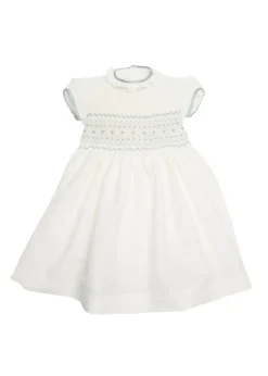 Hand Smocked Occasion Dress in Ivory with Blue Details