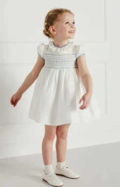 Hand Smocked Occasion Dress in Ivory with Blue Details