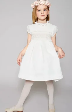 Hand Smocked Occasion Dress in Ivory with Pink Details