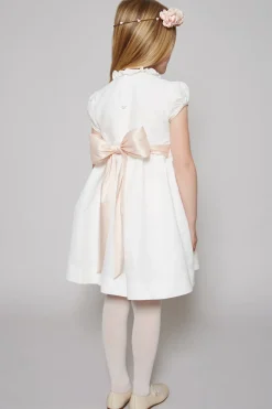 Hand Smocked Occasion Dress in Ivory with Pink Details