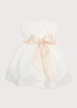 Hand Smocked Occasion Dress in Ivory with Pink Details