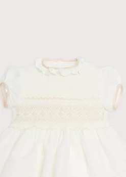 Hand Smocked Occasion Dress in Ivory with Pink Details