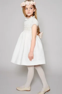 Hand Smocked Occasion Dress in Ivory with Pink Details
