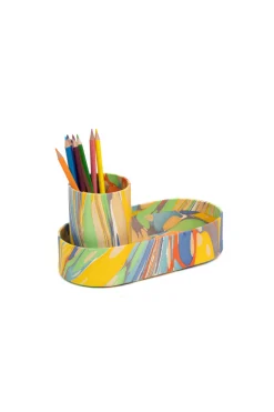 Hand-Marbled Desk Tray & Pencil Holder Organizer in Rainbow Marbling