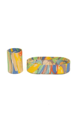 Hand-Marbled Desk Tray & Pencil Holder Organizer in Rainbow Marbling