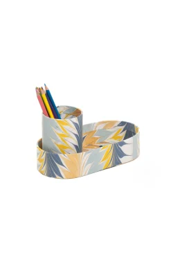Hand-Marbled Desk Tray & Pencil Holder Organizer in Golden Blue Marbling