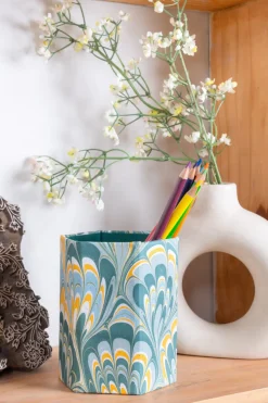 Hand-Marbled Pencil Holder Organizer in Blue Marbling