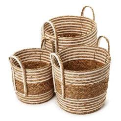 Hand-Woven Water Hyacinth & Cotton Baskets, Set of 3