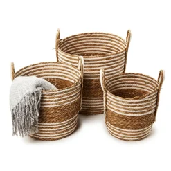 Hand-Woven Water Hyacinth & Cotton Baskets, Set of 3