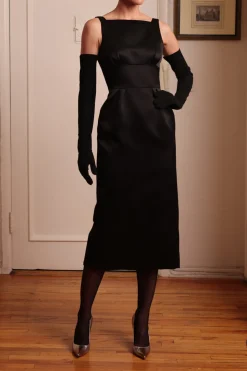 Inset Slim Dress in Black Satin