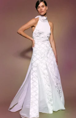 Ivy Dress in Ivory Satin with Lattice Embellishment
