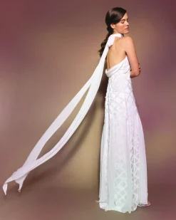 Ivy Dress in Ivory Satin with Lattice Embellishment