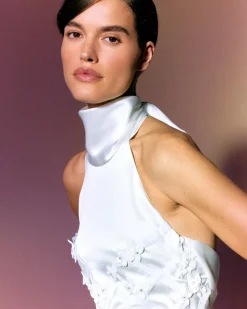 Ivy Dress in Ivory Satin with Lattice Embellishment