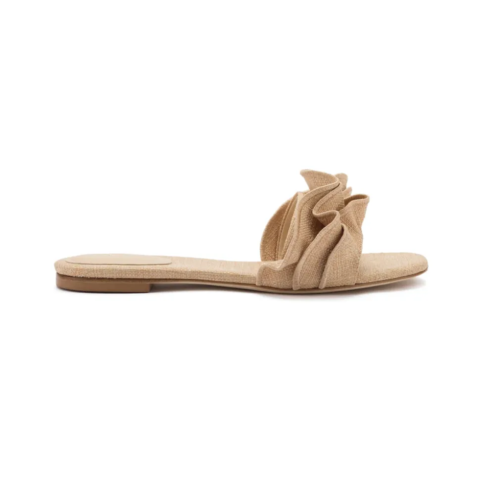 Ivy Ruffle Flat Mule In Beige Raffia