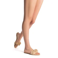 Ivy Ruffle Flat Mule In Beige Raffia